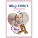 Personalised Happy Birthday Card for Baby Girl with Teddy Bear and Heart Photo Upload
