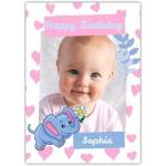 Personalised Baby Girl Happy Birthday Card with Cute Elephant and Pink Hearts Photo Upload