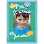 Personalised Boys Happy Birthday Card Green Background with Clouds and Photo Upload