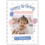 Personalised Baby Girl Happy Birthday Card with Photo Upload Pastel Balloons and Hearts
