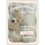 Personalised New Baby Daughter Congratulations Teddy Bear Card with Names and Photo Option
