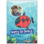 Personalised Boys Birthday Card with Red Submarine and Undersea Photo Upload
