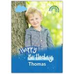 Personalised Blue Photo Birthday Card with Rainbow and Cloud Design