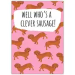 Clever Sausage Dog Exam Congratulations Card with Pink Dachshund Design