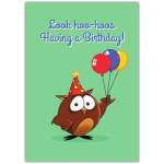 Funny Owl Pun Birthday Card with Balloons and Party Hat on Green Background