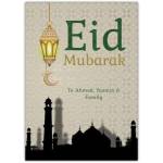 Eid Mubarak Greeting Card with Gold Lantern Crescent Moon Mosque Silhouette Design