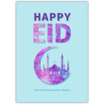 Happy Eid Greeting Card with Purple Crescent Moon and Mosque Design
