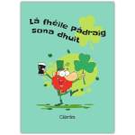 Happy St Patrick's Day Card As Gaeilge with Cartoon Leprechaun and Shamrock Design