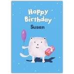 Personalised Happy Birthday Card with Cute Cartoon Cat Holding Balloon and Gift on Blue Background
