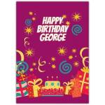 Personalised Happy Birthday Card for George with Cake and Presents Design