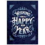 Happy New Year Greeting Card Vintage Style with Blue Ornate Design and Personalisation Option