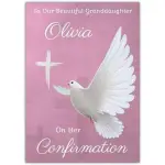 Personalised Confirmation Card for Granddaughter with White Dove and Cross on Pink Background