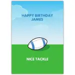 Personalised Rugby Themed Happy Birthday Card for Him with Nice Tackle Message