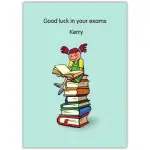 Personalised Good Luck in Your Exams Card with Girl Sitting on Books Design