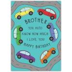 Brother Birthday Card with Colourful Cars and Pun You Auto Know Love You