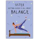 Funny Sister Birthday Card with Gym Yoga Balance Theme and Wine Glass Illustration