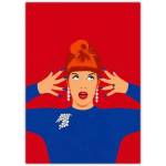 Funny Irish Birthday Card Featuring Retro Woman in Blue Dress with Red Background