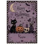 Personalised Purple Halloween Card with Black Cat Pumpkin Skull and Moon Design