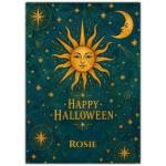 Personalised Celestial Sun and Moon Happy Halloween Card with Gold Foil Effect