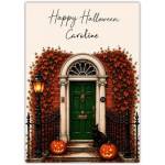 Personalised Halloween Card Georgian Dublin Door with Black Cat and Pumpkins