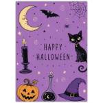 Happy Halloween Purple Cat Witch Moon Pumpkin Card