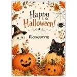 Personalised Cute Halloween Card with Black Cat Pumpkin Ghost and Autumn Leaves for Kids
