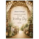 Rustic Barn Wedding Day Congratulations Card with Flowers and Fairy Lights