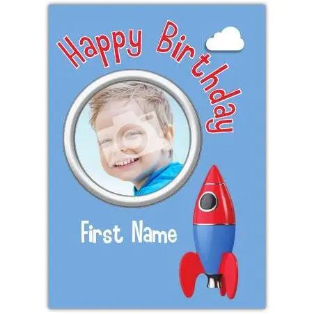 Personalised Rocket Blue Kids Birthday Card with Photo and Name Option