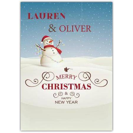 Personalised Merry Christmas and Happy New Year Snowman Card with Custom Names