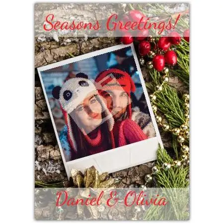 Seasons Greetings Personalised Polaroid Photo Christmas Card with Festive Holly and Pine Design