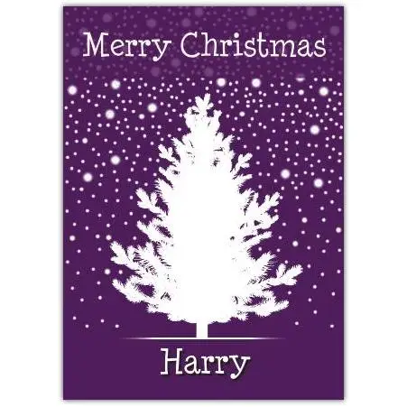 Personalised Merry Christmas Card with White Tree on Purple Snowflake Background