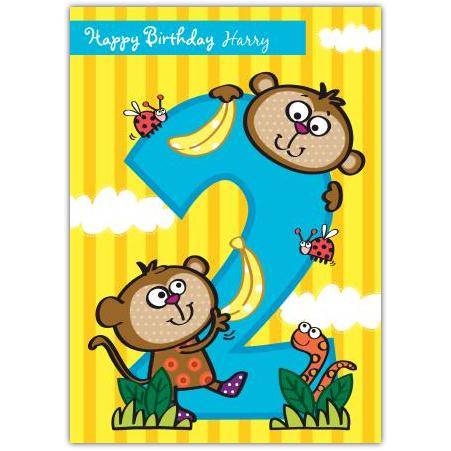 Personalised Happy 2nd Birthday Card with Playful Monkeys and Jungle Design for Kids