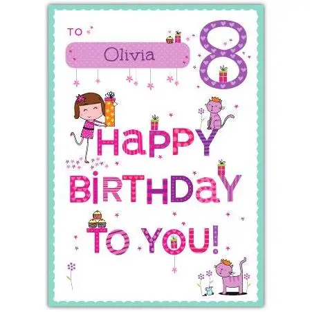 Personalised Happy 8th Birthday Card for Girls with Name and Cute Cat Design