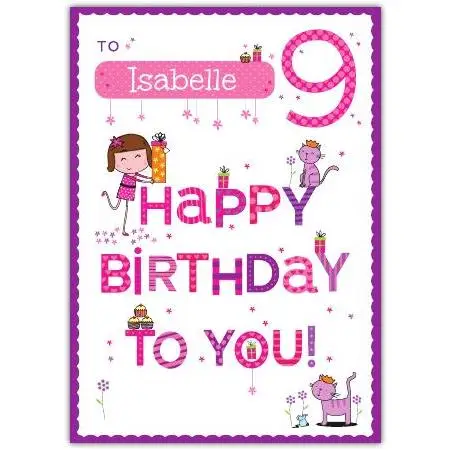 Personalised 9th Birthday Card for Girls Happy Birthday to You with Cute Characters