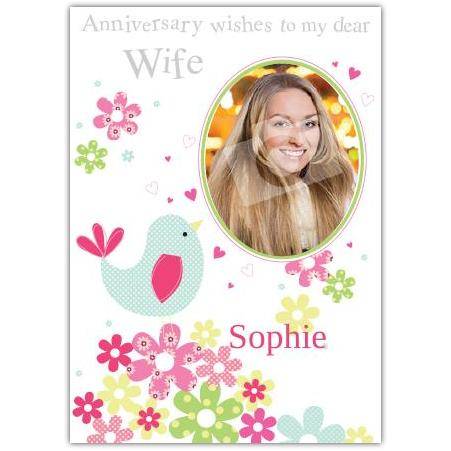 Personalised Anniversary Wishes Card For Wife with Photo and Floral Bird Design