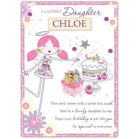 Personalised Lovely Daughter Angel Birthday Card with Cake and Flowers Design