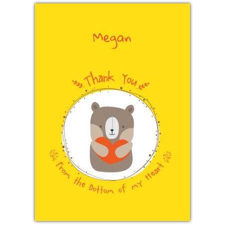 Personalised Thank You Card With Cute Bear Holding Heart Design from the Bottom of My Heart