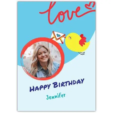 Personalised Happy Birthday Card with Flying Bird and Photo Upload on Blue Background