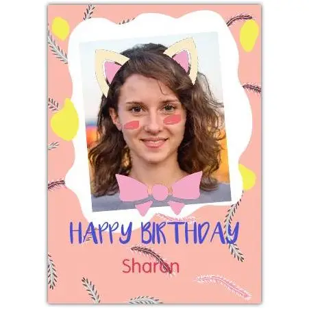 Personalised Pink Cat Ears Bow Birthday Card for Girls with Photo Upload