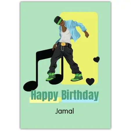 Personalised Happy Birthday Card for Guys with Dancing Teen Design and Music Notes