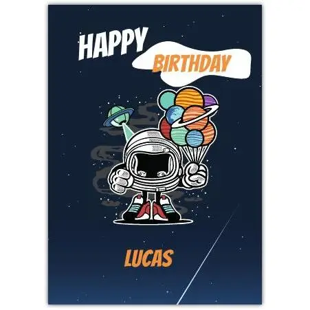 Happy Birthday Space Astronaut with Planet Balloons Personalised Card for Boys