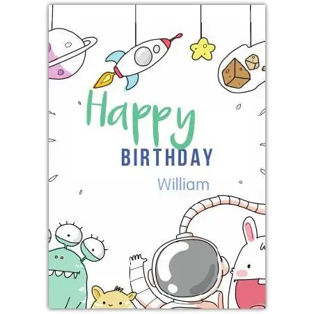 Happy Birthday Space Friends Personalised Boys Cartoon Rocket Card