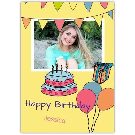 Personalised Happy Birthday Card with Photo Frame Balloons Cake and Banners on Yellow Background