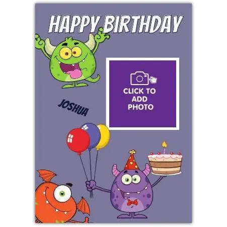 Personalised Boys Monster Birthday Card with Photo Upload and Cake Design