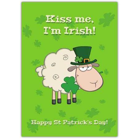 Kiss Me I'm Irish Humorous Sheep St Patrick's Day Card with Shamrocks