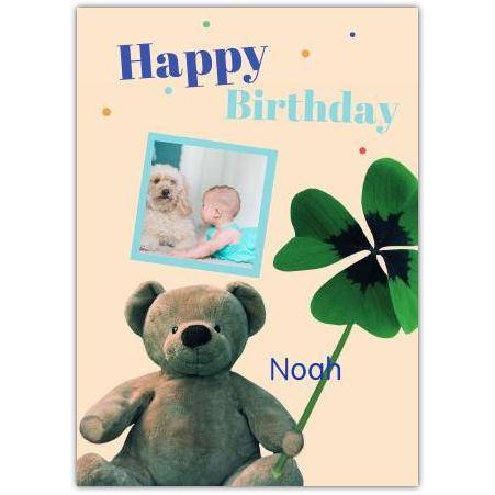 Personalised Happy Birthday Card with Teddy Bear Holding Shamrock and Photo Upload Option