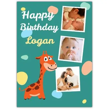 Personalised Baby Birthday Card with Giraffe and Three Photo Gallery Design