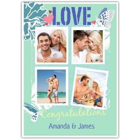 Personalised Love Congratulations Card with Four Photo Gallery and Butterfly Design