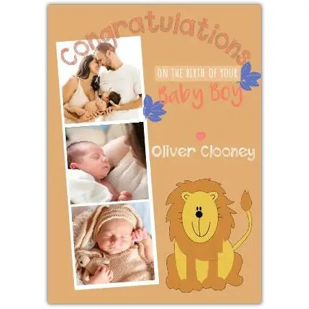 Personalised Congratulations New Baby Boy Card with Cute Lion Design and Photo Upload