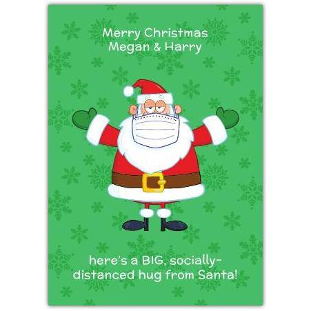 Personalised Socially Distanced Santa Hug Christmas Card with Face Mask and Custom Name Options